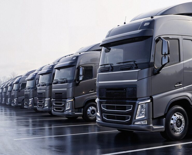 row-modern-semi-trucks-parking-lot