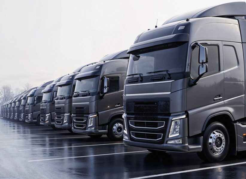 row-modern-semi-trucks-parking-lot