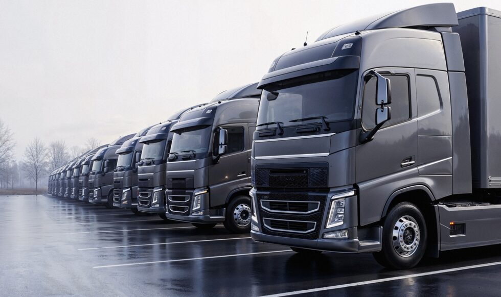 row-modern-semi-trucks-parking-lot